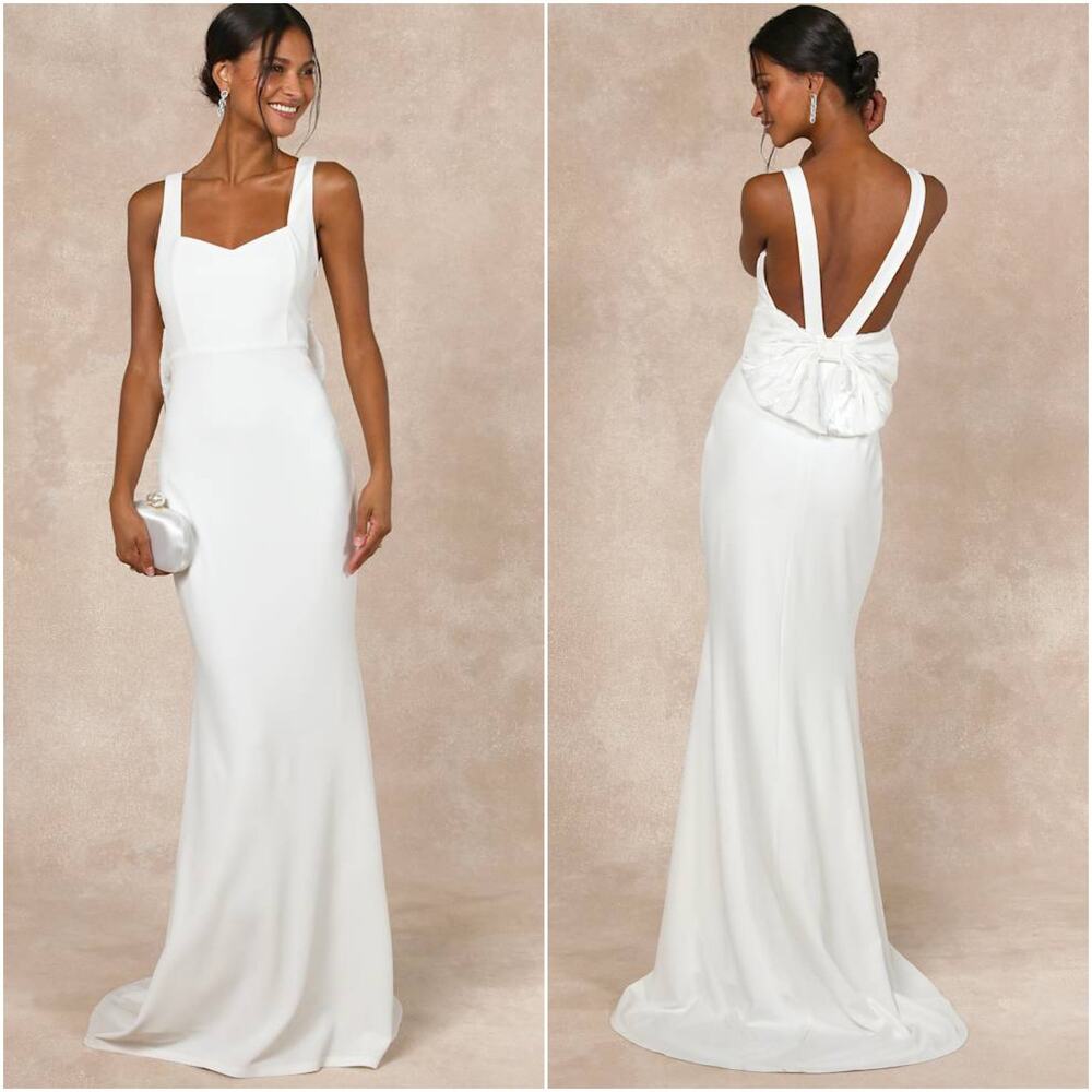 NEW Lulus Romantic Glow White Backless Pearl Bow Wedding Gown Maxi Dress XL